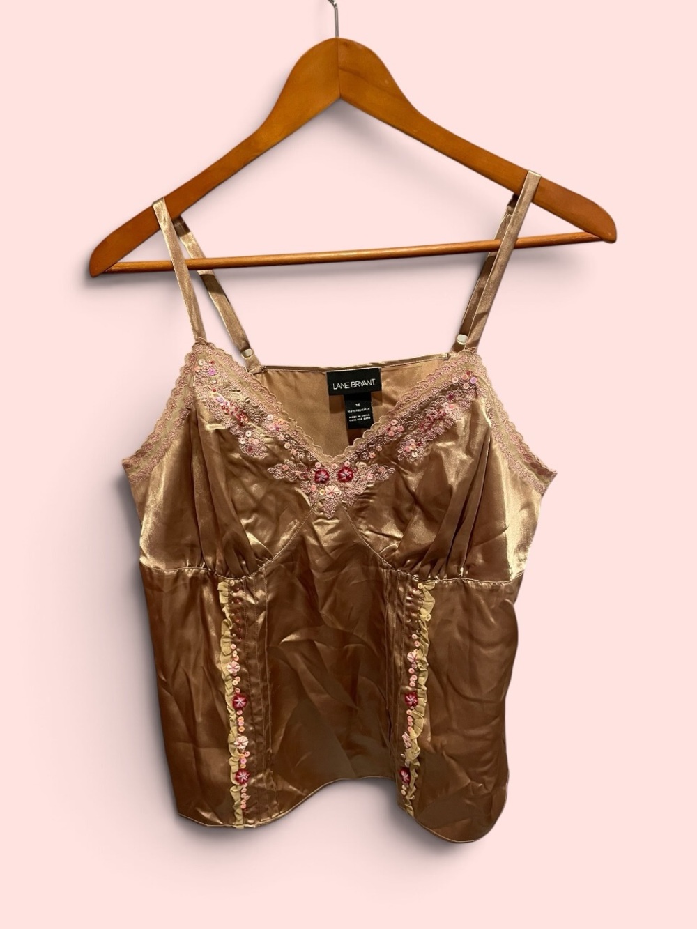 Cute Y2K golden flax lace floral pin tucked silky cami festival fairy coquette